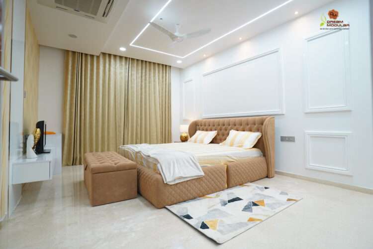 A Raidurgam 3BHK flat with interior designs including a bedroom with a bed and a bedside table.