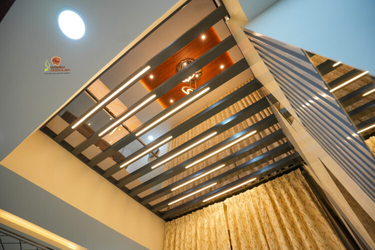 Modern interior of a multi-level space with Metal Bars incorporated with lights and sleek design elements.