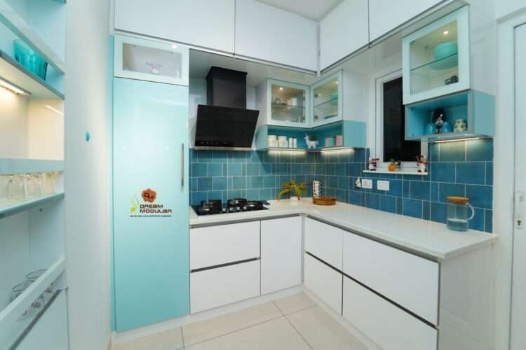 Blue Modular Kitchen Interior Design with storage cabinets - Dream Modular