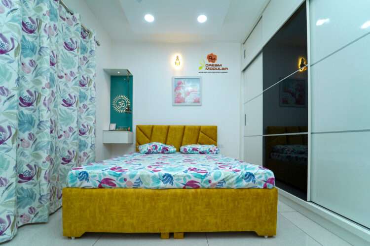 Bedroom Interior Design with sliding door wardrobe, pooja unit, false ceiling