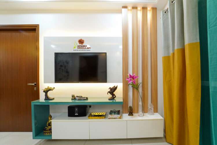 Tv Unit Interior design with wall Back panel, Lighting, Drawers - Dream Modular