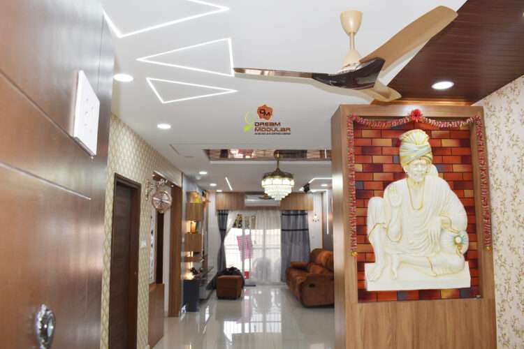 entry way hall interior design with murals, false ceiling, chandelier, TV unit - Dream Modular