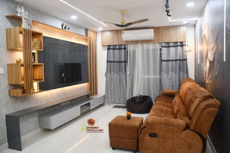 TV unit Interior Design with wall back panel, rafters, drawers for storage and false ceiling interior design - Dream Modular