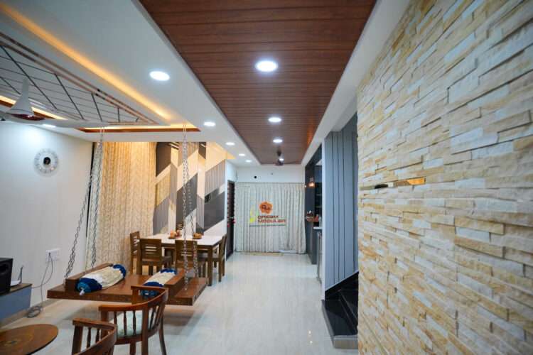 Living Room - Stone Cladding, False Ceiling, Wall Panel