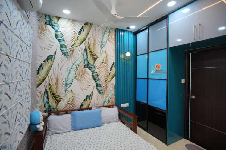 Children's Bedroom Interior Design - Wallpaper, Sliding Wardrobe, & False Ceiling