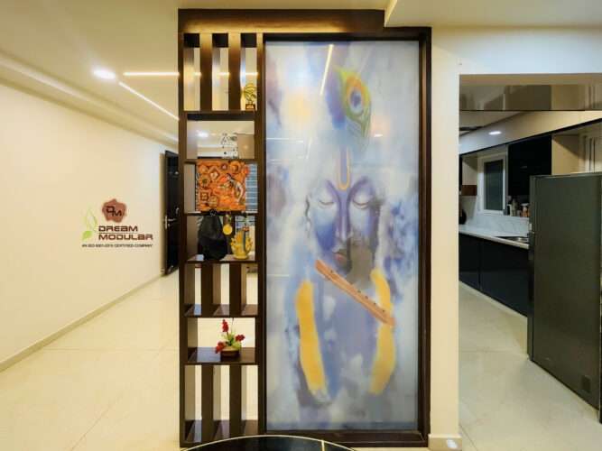 Partition Interior Design - Wood and Glass Partition with Lord Krishna Image