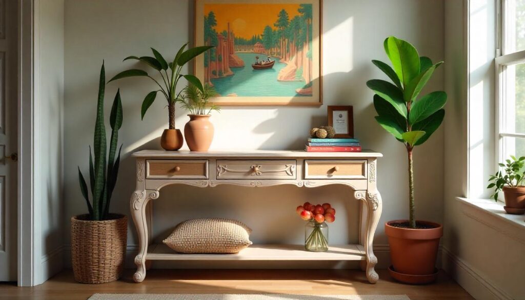 Show off your personality with a console table featuring unique accents like carved details, bold colors, or unconventional materials. These tables act as a focal point and add character to your entryway. Pair them with quirky decor items like framed art, plants, or vintage finds for a personalized touch.