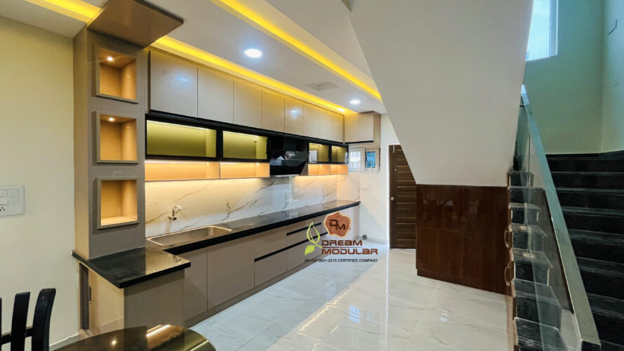 Modular Kitchen Interior Design with Lofts, Storage Units, Orga Tray, Profile Glass Shutters