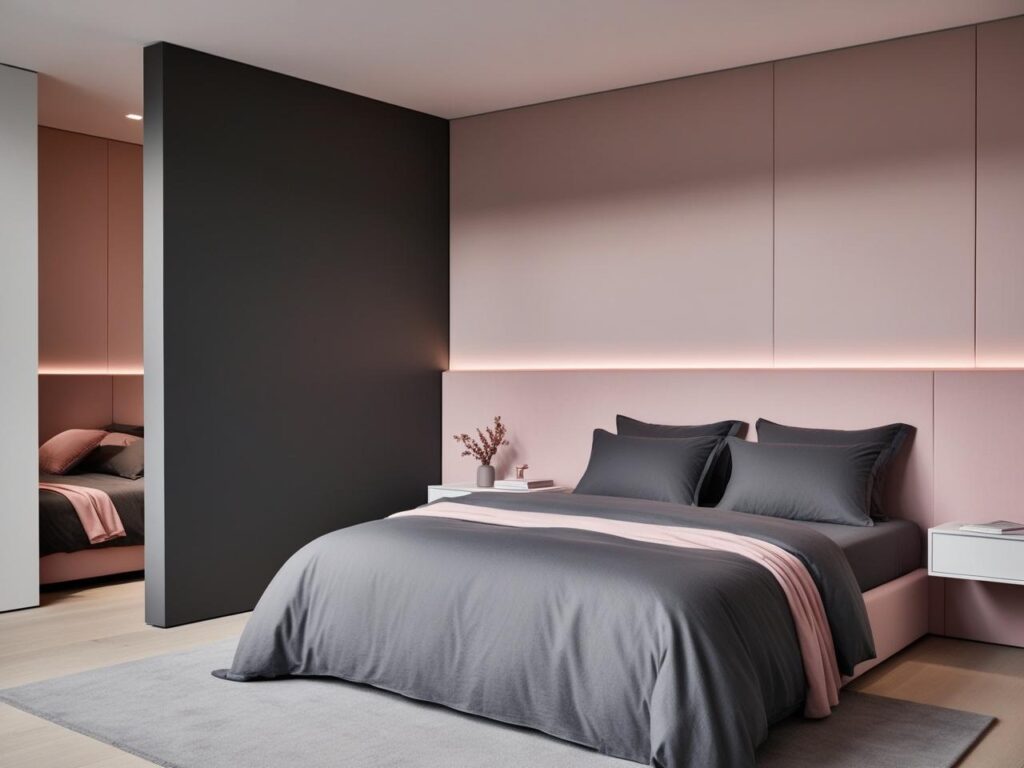 minimalist bedroom interior design with the color combinations of soft charcoal grey and soft pink