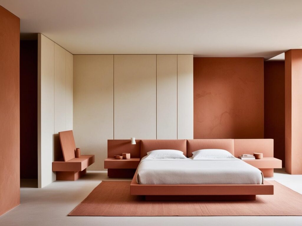 minimalist bedroom interior design with the color combinations of Earthy Tones Terracotta and Cream