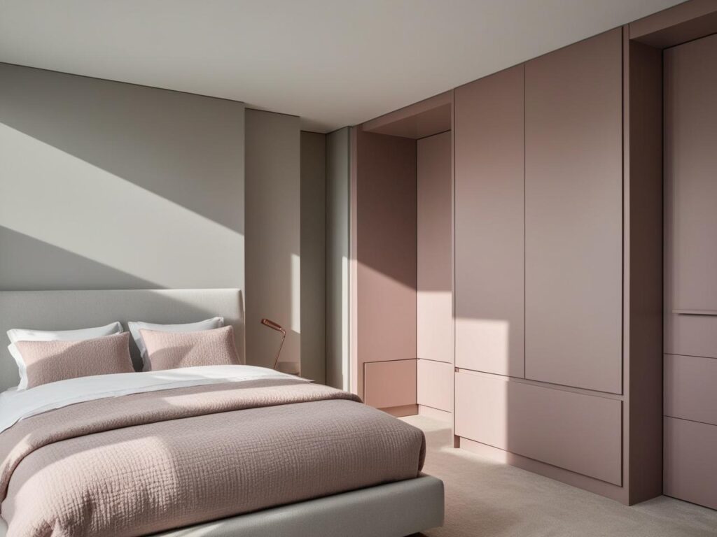 minimalist bedroom interior design with the color combinations of light grey and dusty rose