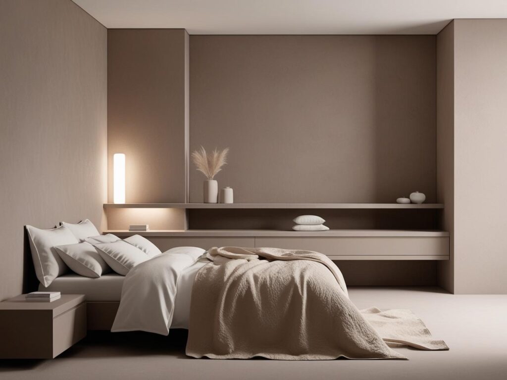 minimalist bedroom interior design with the color combinations of taupe and ivory