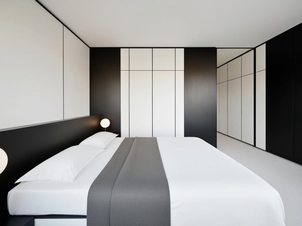 minimalist bedroom interior design with the color combinations of black and white