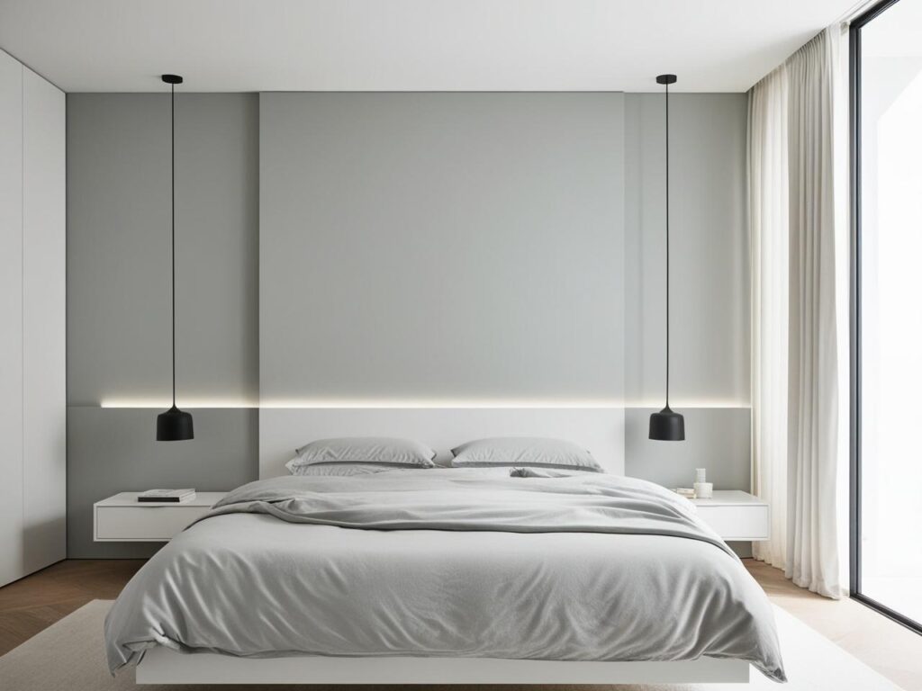 minimalist bedroom interior design with the color combinations of grey and white