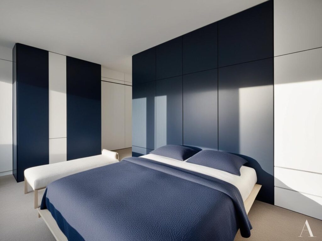 minimalist bedroom interior design with the color combinations of navy blue and white