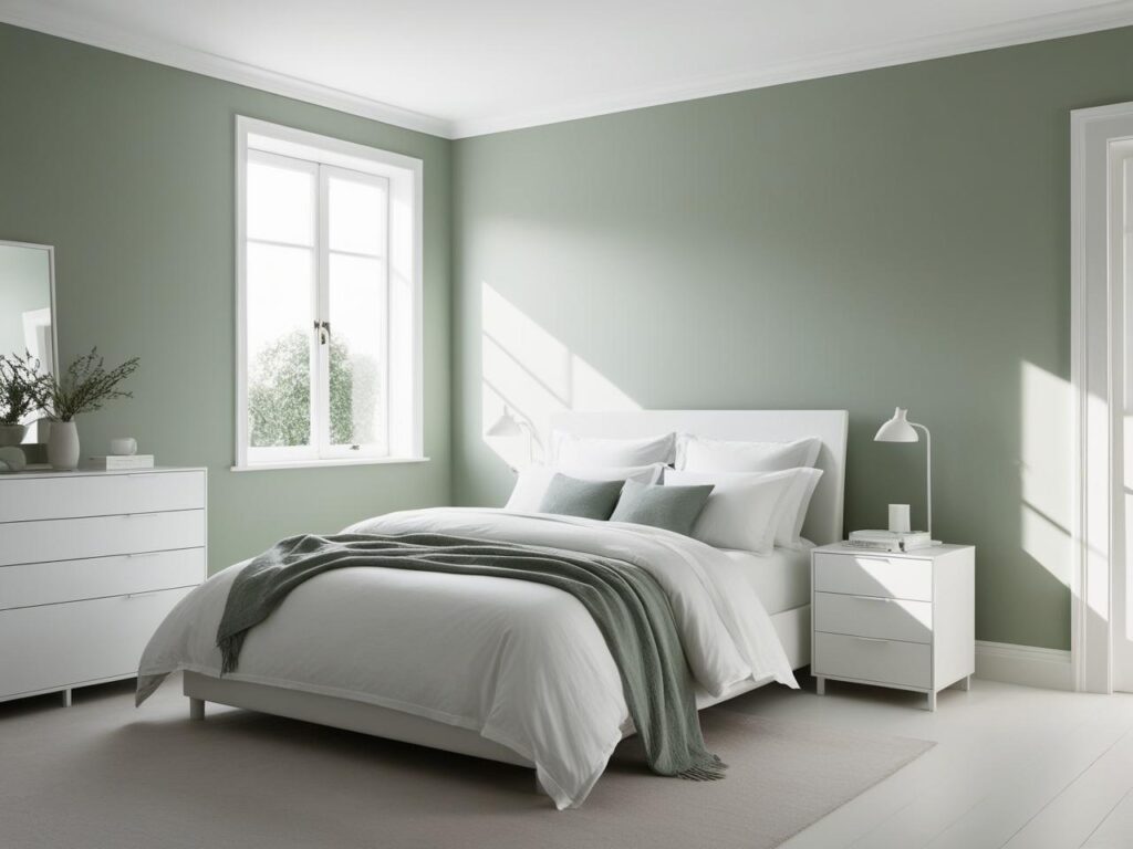 minimalist bedroom interior design with the color combinations of soft green and white