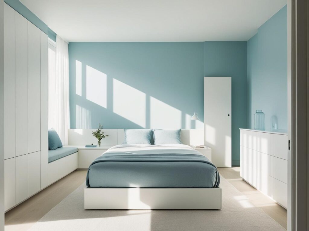 minimalist bedroom interior design with the color combinations of soft blue and white